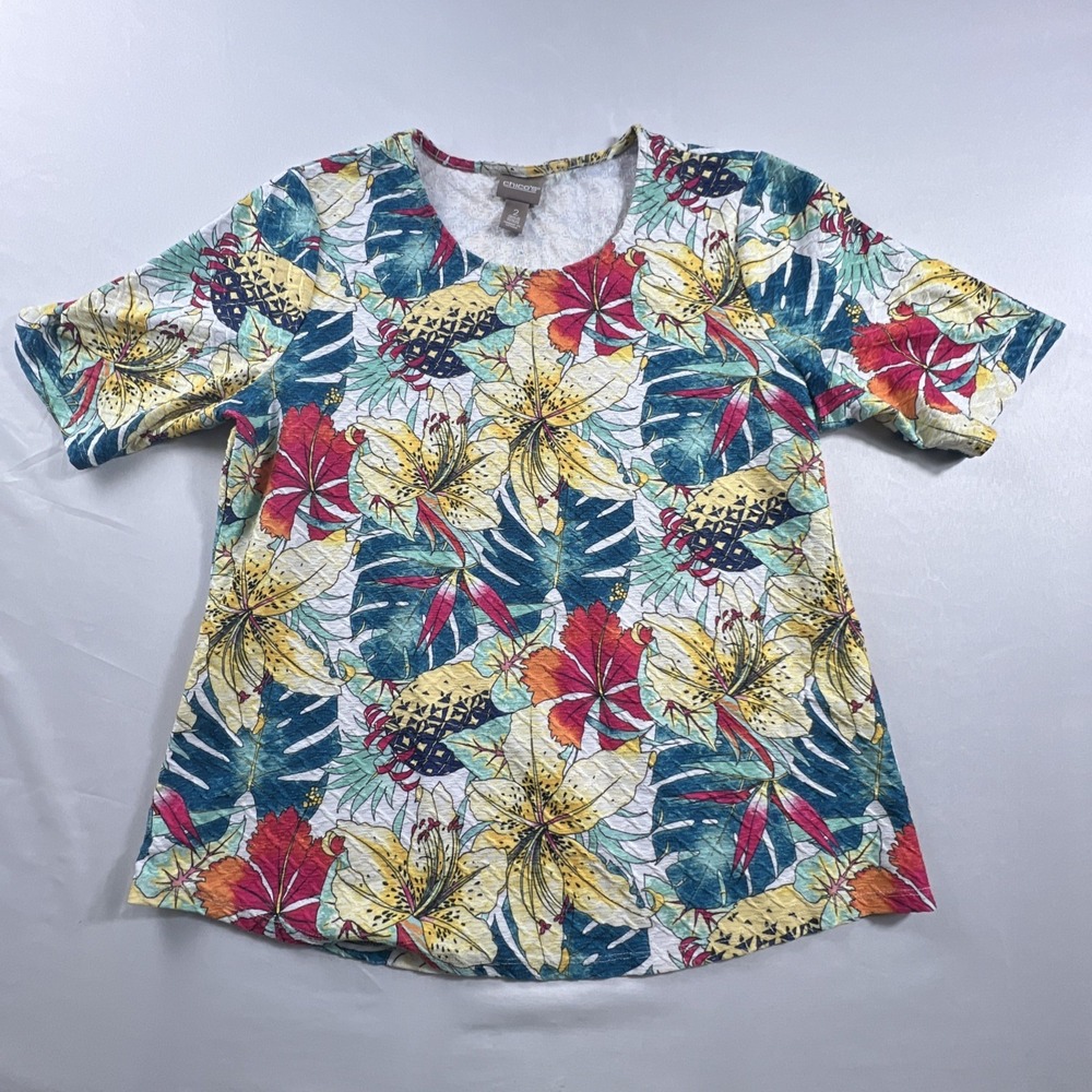 Chicos Floral Tropical Stretchy Texture Knit Shirt Chicos Size 2 Womens Size 12